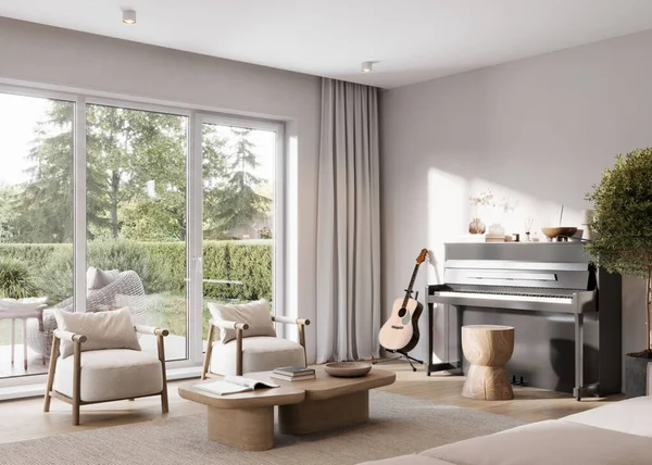 Spacious interiors of a modern living room in 3d. Digitally generated image of living room with piano, guitar, two armchairs, and glass door leading to a formal garden in the backyard.
