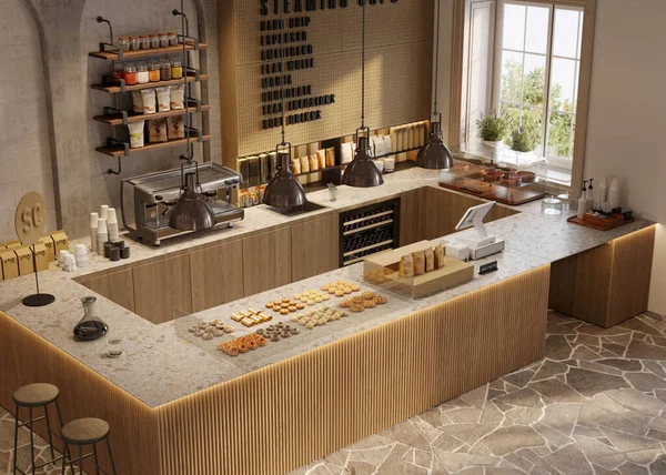 3d rendering of coffee shop and cafe lounge restaurant. High angle view of a restaurant kitchen with food on the display counter.