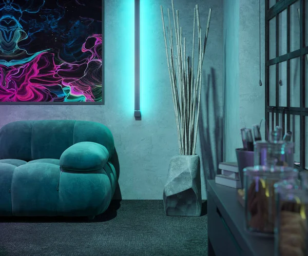 Interior of a video gamer room in 3d rendering. Comptuer generated image of a room interior with cozy sofa, colorful wall painting, sticks in vase and neon lights.