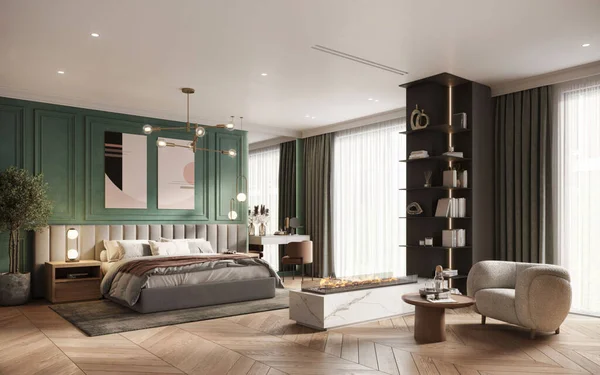 3D rendering comfortable king size double bed with carpet in a luxurious old apartment