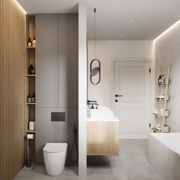 Home bathroom interior in brown and white. 3d rendering of a domestic bathroom with white toilet bowl and bathroom.