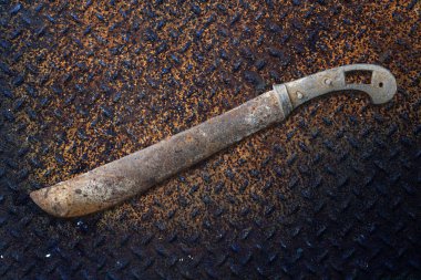 Paslanmış demir tabakta paslanmış eski bir pala.