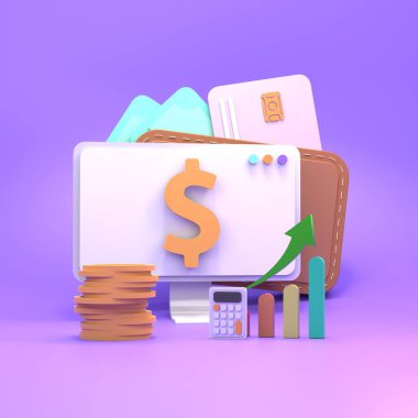 Dolar işareti, büyüme grafiği ve para. Varlıkların ve yatırımların büyümesi kavramı. 3d hazırlayıcı.