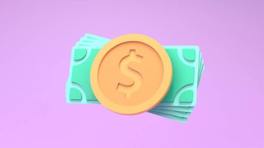 Dolar işareti ve yeşil banknotlar. 3d resimleme.