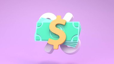 Dolar işareti ve yeşil banknotlar. 3d resimleme.