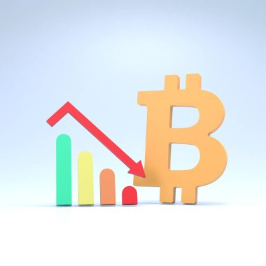 Sonbahar çizelgesi ve bitcoin işareti. 3d resimleme.