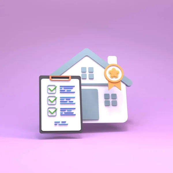 家庭图标和清单 检查或权衡有关房地产争论的概念 3D渲染 — 图库照片
