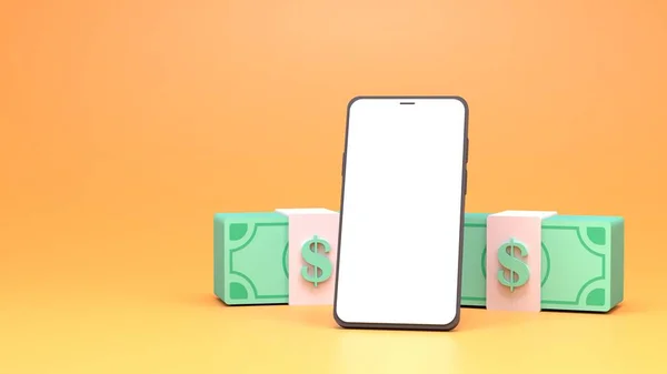Ein Telefon Mit Weißem Bildschirm Und Einem Stapel Dollars Darstellung — Stockfoto