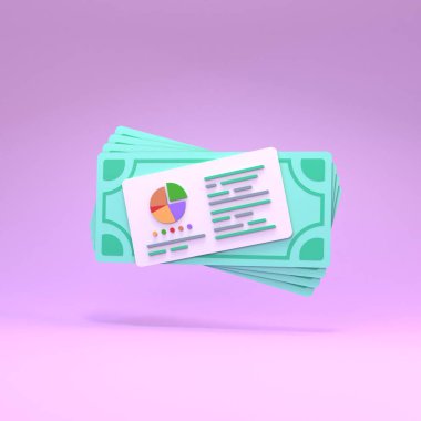 Raporlama grafiği, dolarların arka planında büyüyen grafikler. Kâr ve kazanç hesaplama kavramı. 3d hazırlayıcı.