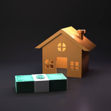 Ev ikonu ve bir paket dolar. 3d oluşturma.