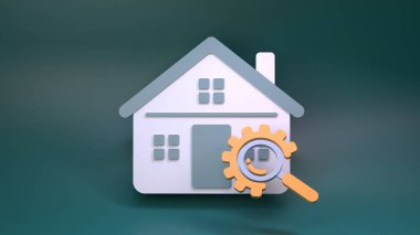 Büyüteç. Konut arama konsepti. 3d resimleme.