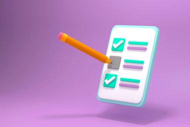 Kalem, mor arka planda kontrol listesi olan beyaz bir bloknotu işaretler. 3d resimleme.