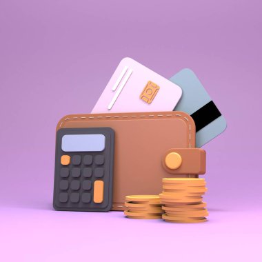 Hesap makinesi, bozuk para ve cüzdan. Gelir muhasebesi konsepti. 3d hazırlayıcı.