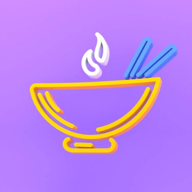 Mor arka planda Çin yemek çubukları olan logo levhası. 3d resimleme.