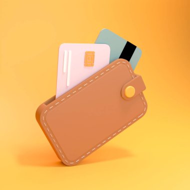 Banka kartlı kahverengi cüzdan. Finansal işlemler kavramı. 3d resimleme.