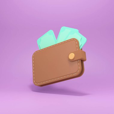 Üzerinde banknotlar olan kahverengi cüzdan. Finansal işlemler kavramı. 3d resimleme.