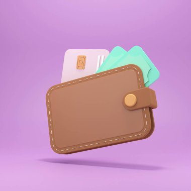 Üzerinde banknotlar ve banka kartları olan kahverengi bir cüzdan. Finansal işlemler kavramı. 3d resimleme.