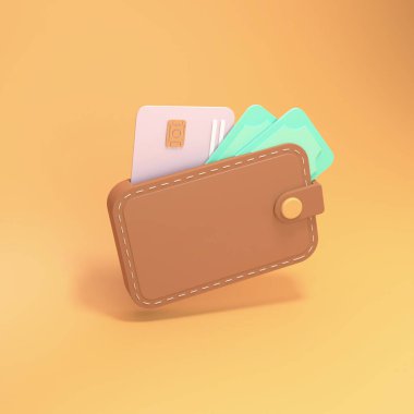 Üzerinde banknotlar ve banka kartları olan kahverengi bir cüzdan. Finansal işlemler kavramı. 3d resimleme.