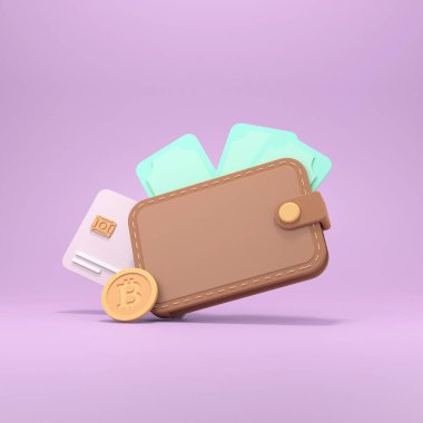 Üzerinde banknotlar ve banka kartları olan kahverengi bir cüzdan. Finansal işlemler kavramı. 3d resimleme.