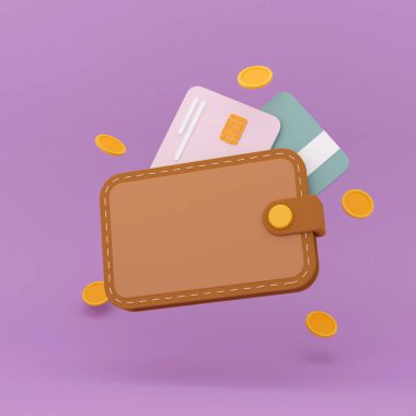 Üzerinde banknotlar ve banka kartları olan kahverengi bir cüzdan. Finansal işlemler kavramı. 3d resimleme.