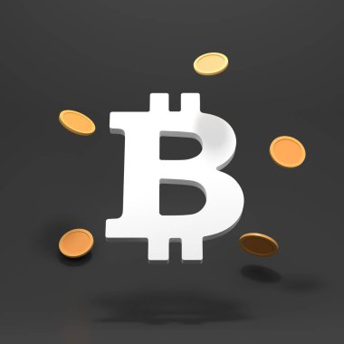 Bozuk paralarla birlikte bitcoin işareti. 3B hazırlayıcı