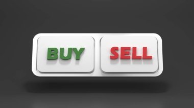 Almak ve satmak için düğmeler. Mali dönüşüm konsepti. 3B görüntüleme.