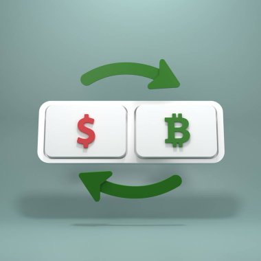 Dolar ve bitcoin düğmesi. Para değiş tokuşu ve dönüşümü kavramı. 3d hazırlayıcı.