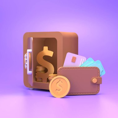 Altın sikkeler ve dolar işareti olan bir kasa. Finans tasarruf kavramı. 3d resimleme