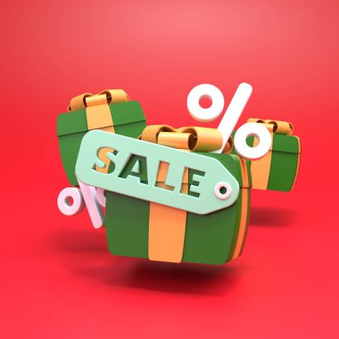 Hediye kutularıyla tasfiye satış konsepti. 3d resimleme.