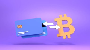 Banka kartı ve bitcoin. Kripto alıp satma konsepti. 3d resimleme