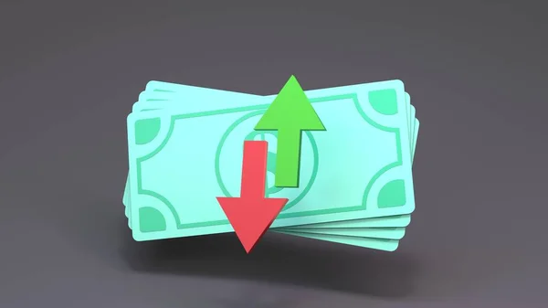Dolar, kırmızı ve yeşil ok. Finansal ticaret kavramı. 3 Boyutlu Hazırlama.