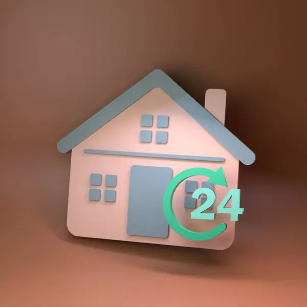 24小时和房子图标 3D渲染说明 — 图库照片