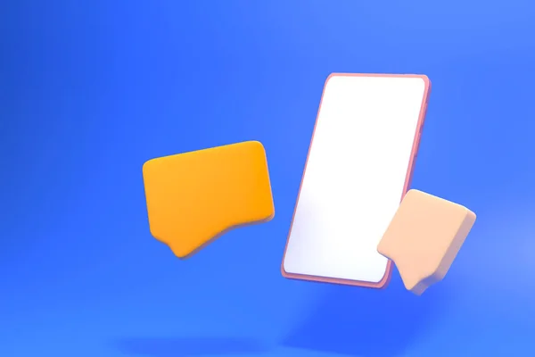 電話最小限の黄色と暗い青の背景に泡をチャット ソーシャルメディアのメッセージコンセプト 3Dレンダリング図 — ストック写真