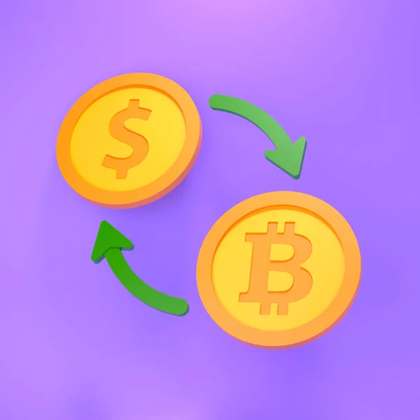 美元硬币和紫色背景的比特币 货币转换为加密货币的概念 3D渲染说明 — 图库照片