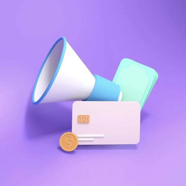 紫色の背景にお金と銀行カードでスタイリッシュなブルホーン 金融の幸福の概念 3Dレンダリング図 — ストック写真