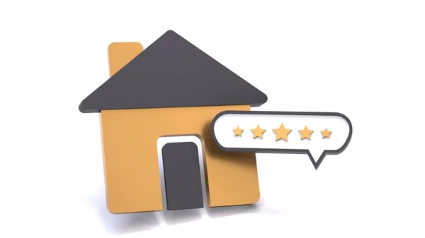 家庭和评论图标与五星级 积极评价房地产的概念 3D渲染 — 图库照片