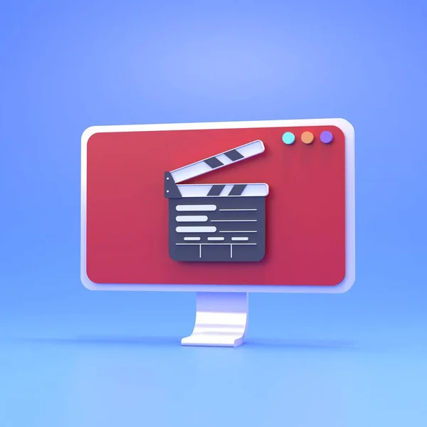 Clapperboard Film Pada Layar Monitor Konsep Browsing Online Rendering — Stok Foto