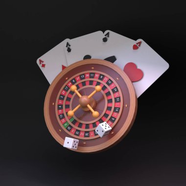 Rulet, poker masası ve kartlar. Kumarhane. 3 Boyutta Görüntüle.