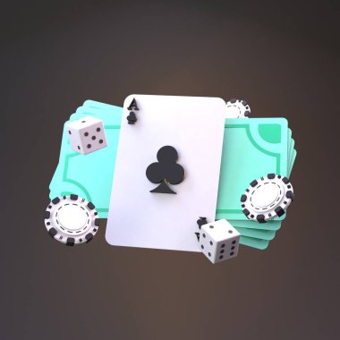 Poker fişleri, iskambil kartları ve para. Kumarhane elemanı. 3 Boyutta Görüntüle.
