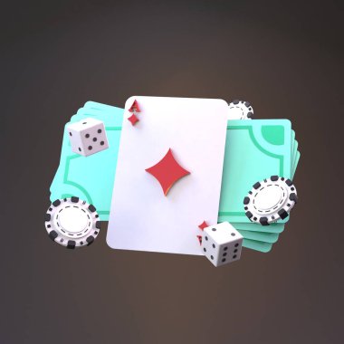 Poker fişleri, iskambil kartları ve para. Kumarhane elemanı. 3 Boyutta Görüntüle.