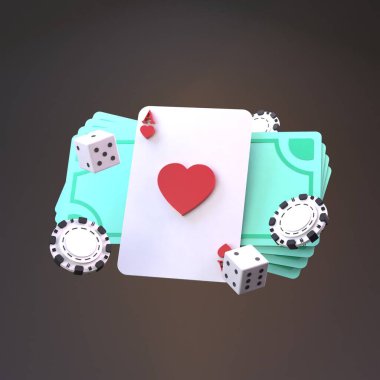 Poker fişleri, iskambil kartları ve para. Kumarhane elemanı. 3 Boyutta Görüntüle.