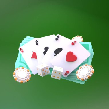 Poker fişleri ve iskambil kartları. Kumarhane elemanı. 3 Boyutta Görüntüle.