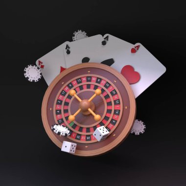 Rulet, poker masası ve kartlar. Kumarhane. 3 Boyutta Görüntüle.