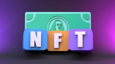 Çok renkli küplerden ve paradan NFT bileşimi. Kripto konsepti. 3d hazırlayıcı.