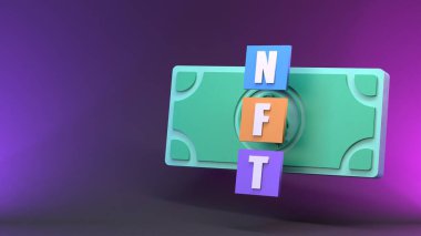 Çok renkli küplerden ve paradan NFT bileşimi. Kripto konsepti. 3d hazırlayıcı.