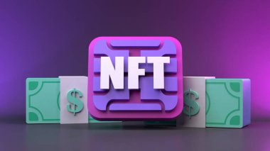 NFT kompozisyonu ve para. Kripto konsepti. 3d hazırlayıcı.