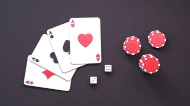 Bir yığın poker fişi ve iskambil kağıdı. Kumarhane elemanı. 3 Boyutta Görüntüle.