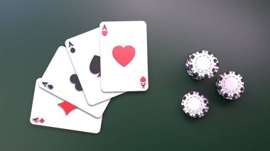 Bir yığın poker fişi ve iskambil kağıdı. Kumarhane elemanı. 3 Boyutta Görüntüle.