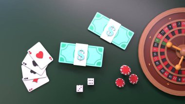 Rulet, fiş ve oyun kartları. Kumarhane elemanı. 3 Boyutta Görüntüle.