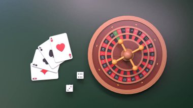 Roulette and playing cards. Casino element. Render in 3D.